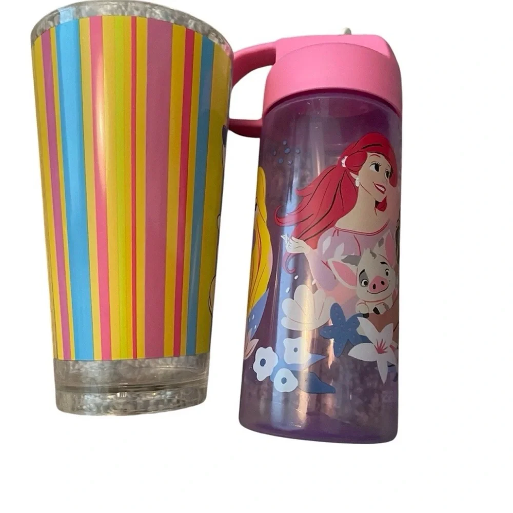 Disney Princess water‎ bottle and a Silver Buffalo Mickey & Minnie pint glass.